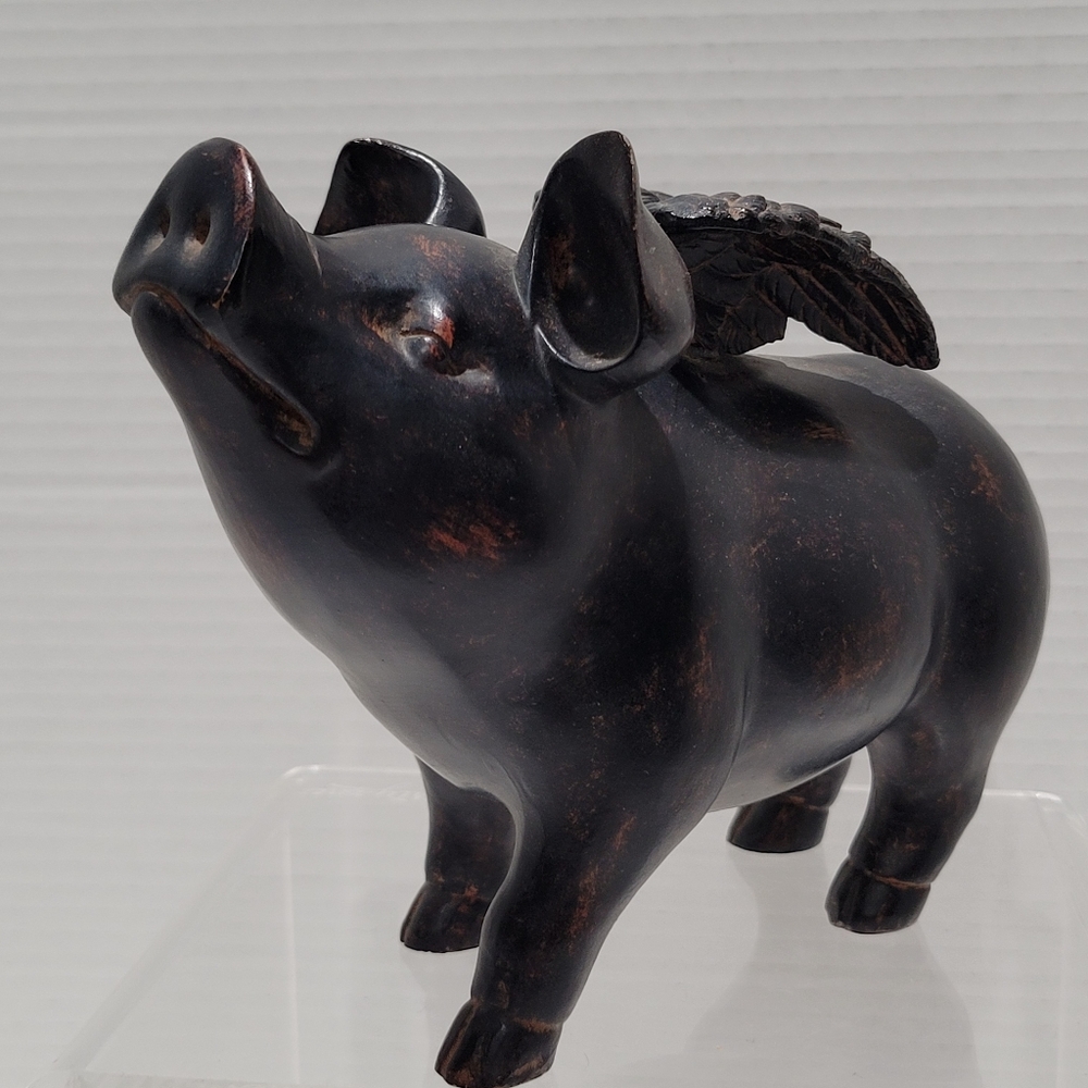 Pig Flying Sculpture Statue Dark Finish Resin Decor Vtg Country Farm - Picture 2 of 15
